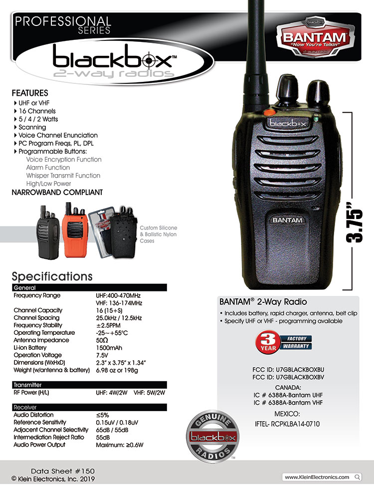 Klein Electronics BANTAM-U-M1 Blackbox Bantam UHF 2-Way Radio; Compact,  Rugged, Full Power Radio; 16 Channel; watts/2 watts RF power; Scan 